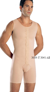 3009-Y/3041-AB: Male Body Shaper, Upper Body Vest, Front Closure, Reinforced Torso Area, Mid Thigh Length, Open Crotch.      3009-Y/3041-AB: Body Modelador para hombre, Chaleco en la parte superior del cuerpo, Cierre Delantero, Resfuerzo en el Torso, Estilo Short de Largo, Abertura entre las pienras   