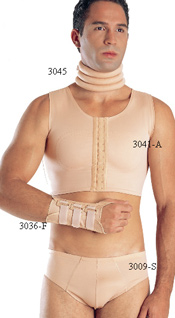 3045 : Neck Support 3041-A : Male Mini Vest, Front Closure, Reinforced Breast Area 3036-F : Wrist Brace with Splints 3009-S : Male Briefs, Front Support in Lycra       3045 : Soporte de Cuello 3041-A : Mini Chaleco Para Hombre, Cierre Delantero, Resfuerzo en la area del pecho 3036-F : Faja Mueca con tablillas 3009-S : Ropa Interior Para Hombre Con Soporte en Lycra